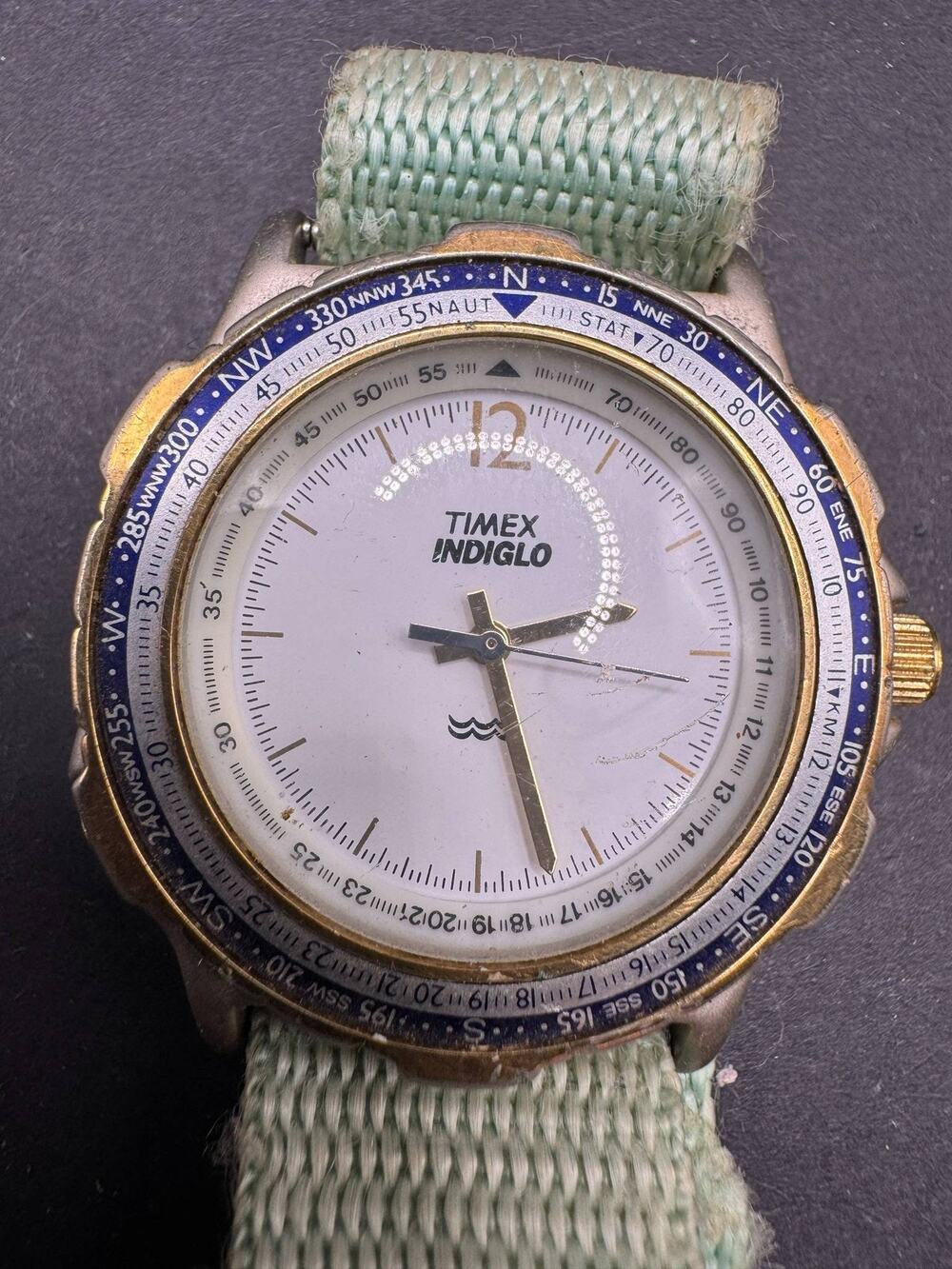 Timex Indiglo Watch Compass Rotating Bezel Green Nylon Strap Men Outdoor Sport